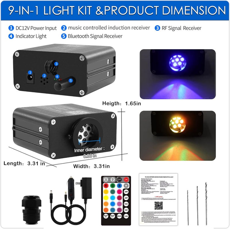 ATOKEE Store 16W Compact Size Fiber Optic Light Box for Starlight Headliner, Twinkle & Music Mode, Control by Bluetooth App/RF Remote Control, Car Plug & Power Adapter, PG Connector & 3 Drill Bits - Image 2